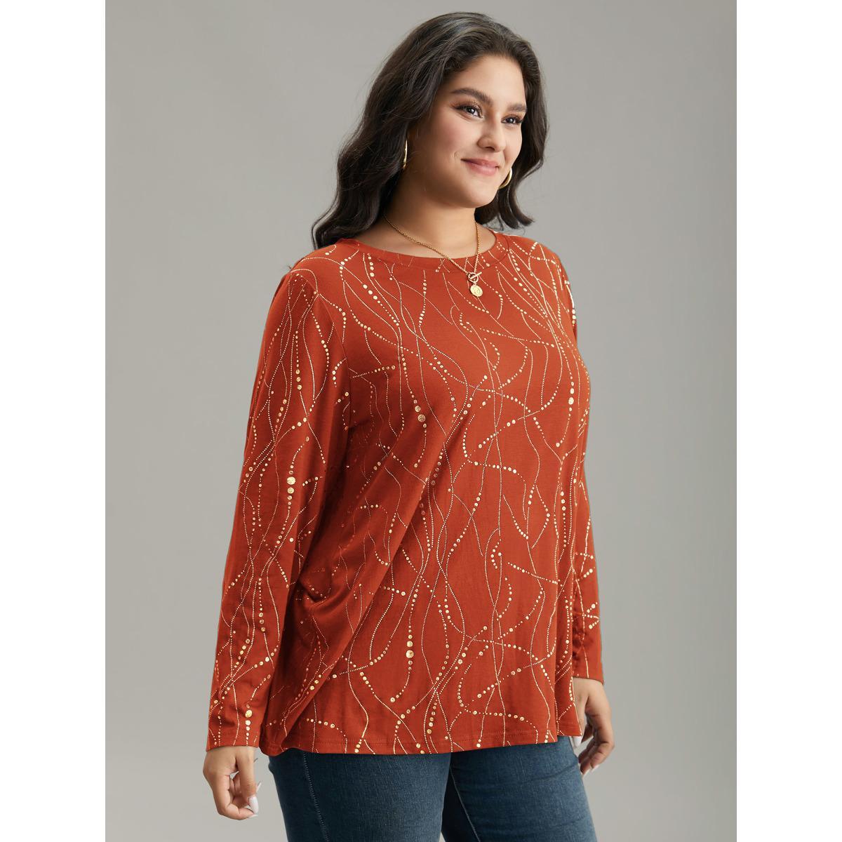 Plus Size Polka Dot Contrast Round Neck T-shirt Brightorange Women Casual Contrast Polka Dot Round Neck Dailywear T-shirts BloomChic 12/L Product Image