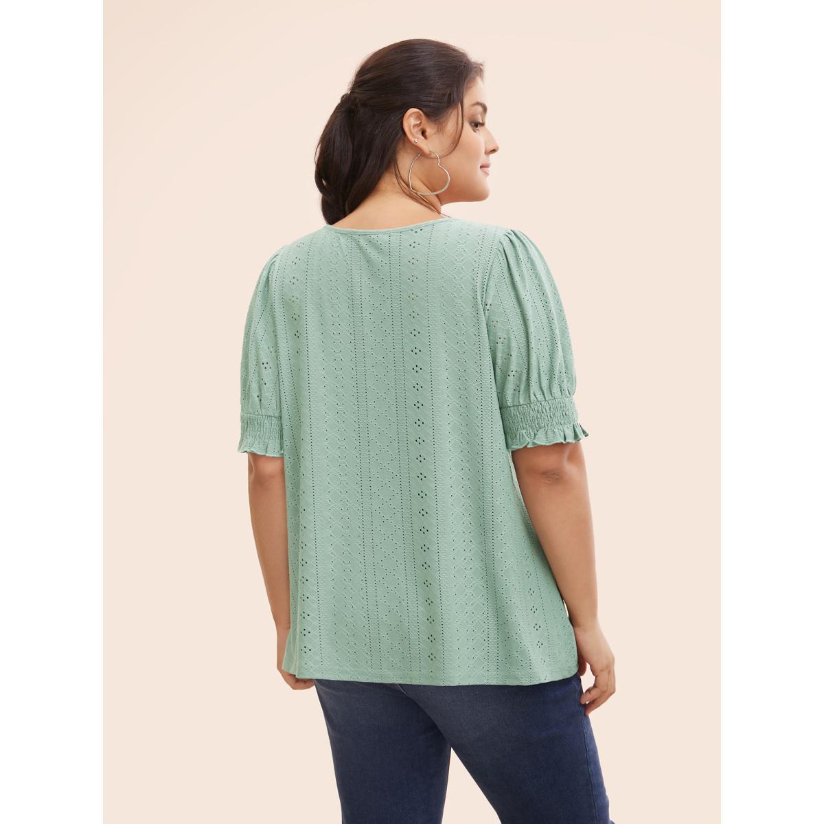 Plus Size Plain Broderie Anglaise Shirred Puff Sleeve Button Detail T-shirt Sage Women Casual Button Plain V-neck Everyday T-shirts BloomChic 28/5X Product Image