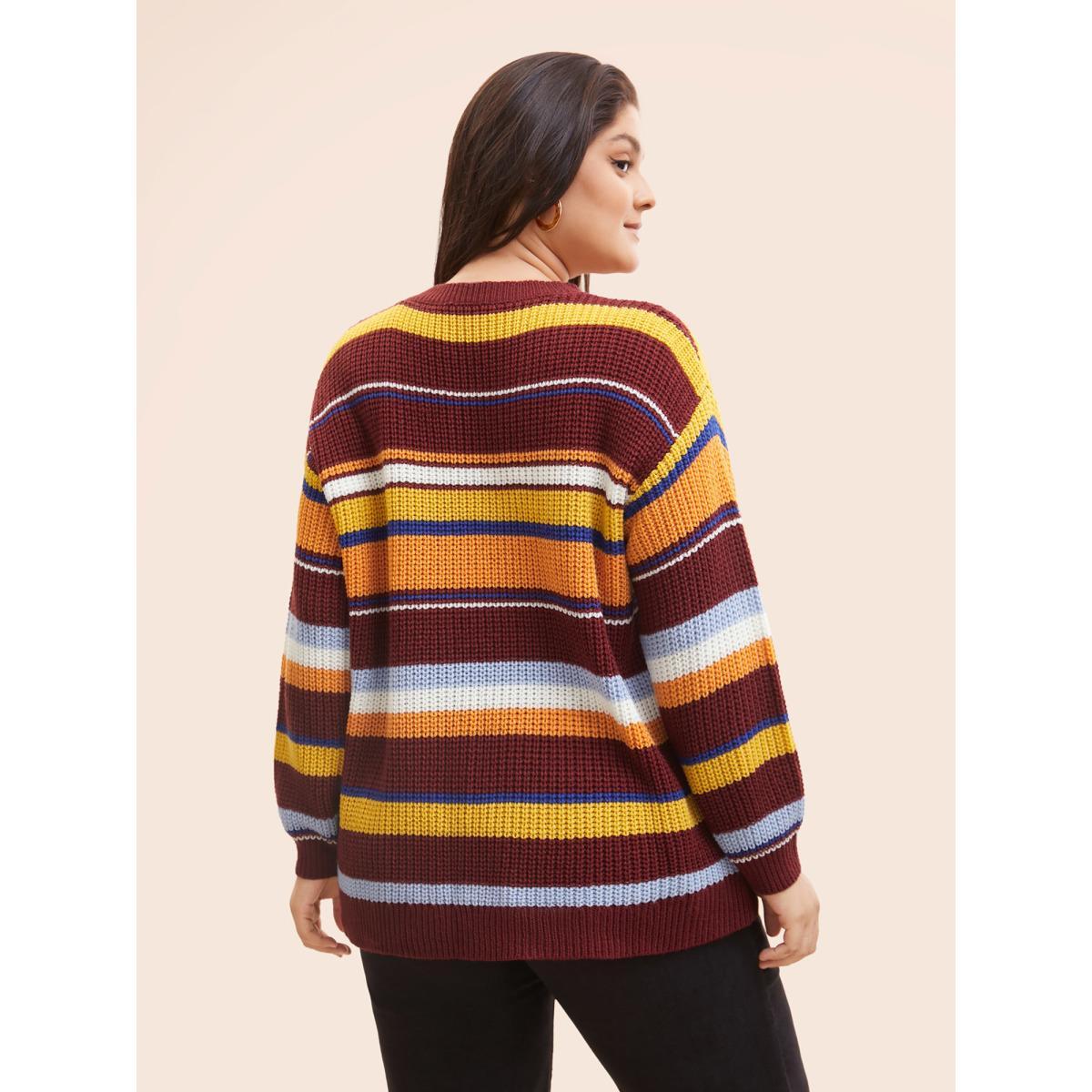 Plus Size Striped Contrast Drop Shoulder Sleeve Pullover Multicolor Women Casual Long Sleeve Round Neck Everyday Pullovers BloomChic 10/M Product Image