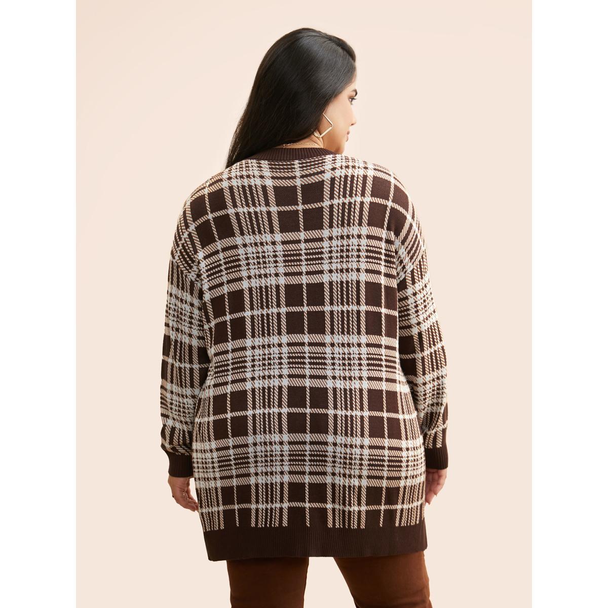 Plus Size Plaid Open Front Patch Pocket Cardigan DarkBrown Women Casual Loose Long Sleeve Everyday Cardigans BloomChic 26/4X Product Image