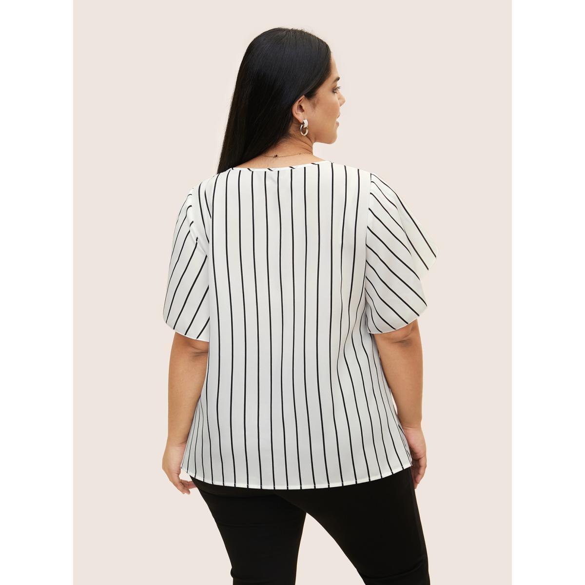 Plus Size Originalwhite Striped Tie Knot Petal Sleeve Blouse Women Work From Home Cap Sleeve V-neck Work Blouses BloomChic 10/M Product Image