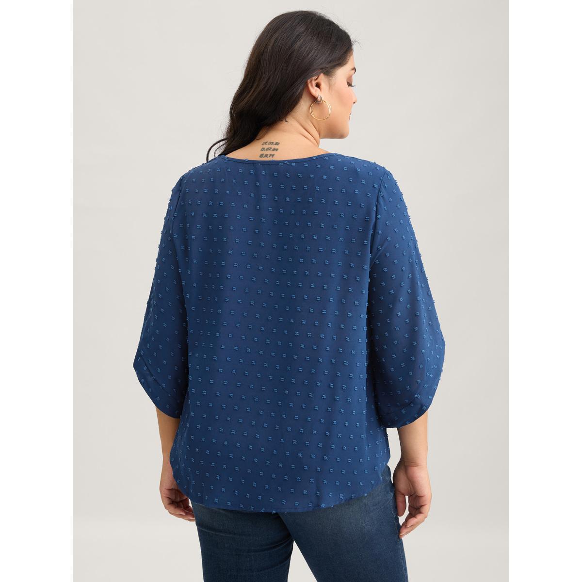Plus Size Indigo Textured Round Neck Bell Sleeve Blouse Women Elegant Elbow-length sleeve Round Neck Everyday Blouses BloomChic 12/L Product Image