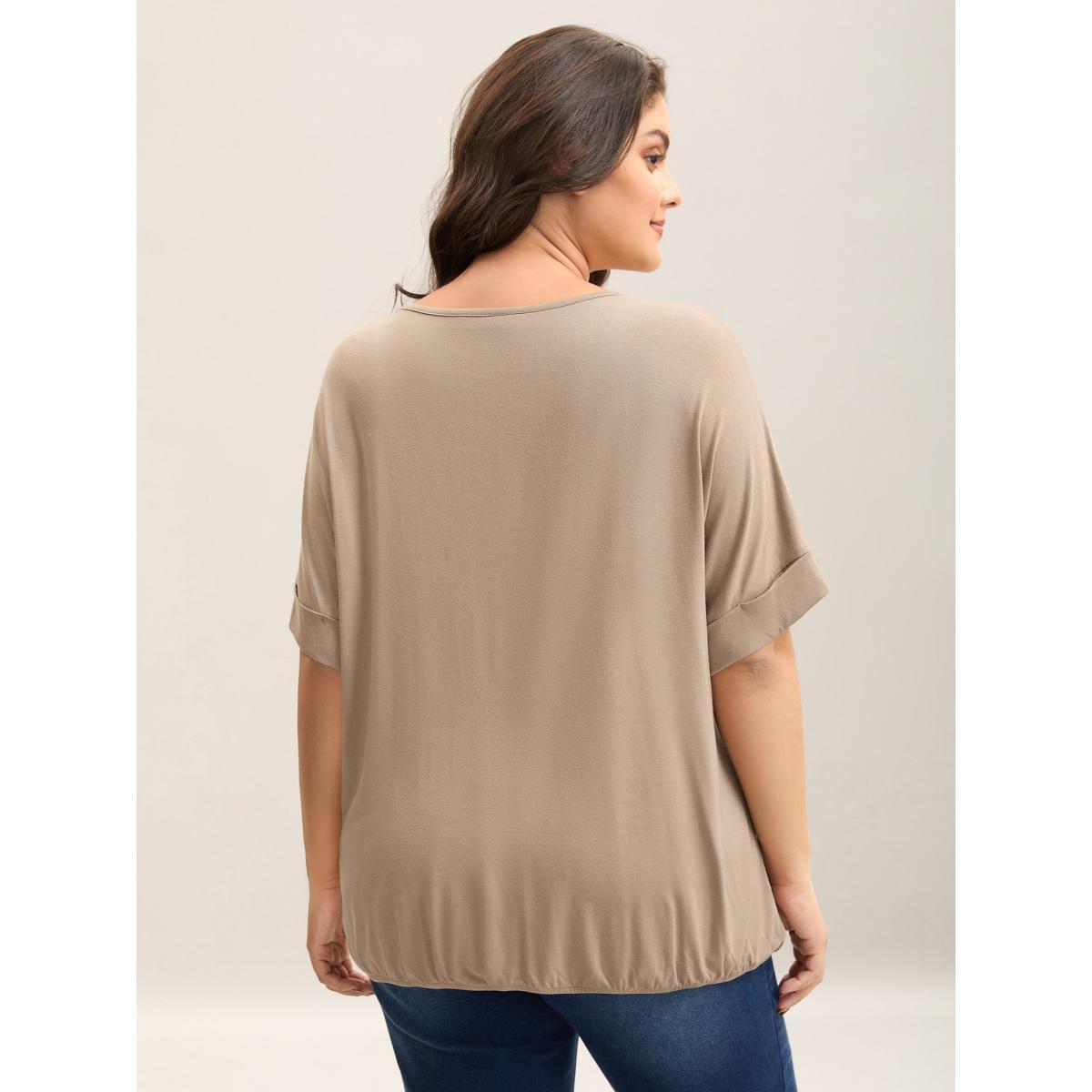 Plus Size Supersoft Plain V-Neck Wrap Front T-Shirt Tan Women Casual Overlapping Overlap Collar Loose Everyday T-shirts BloomChic 28/5X Product Image