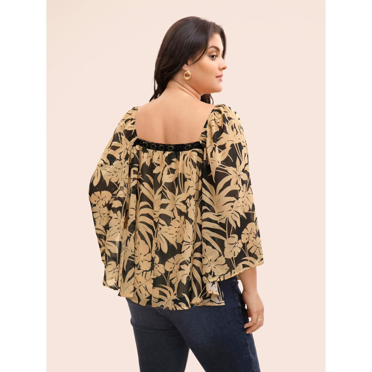 Plus Size Black Silhouette Floral Print Batwing Sleeve Contrast Webbing Blouse Women Elegant Elbow-length sleeve Square Neck Everyday Blouses BloomChic 26/4X Product Image