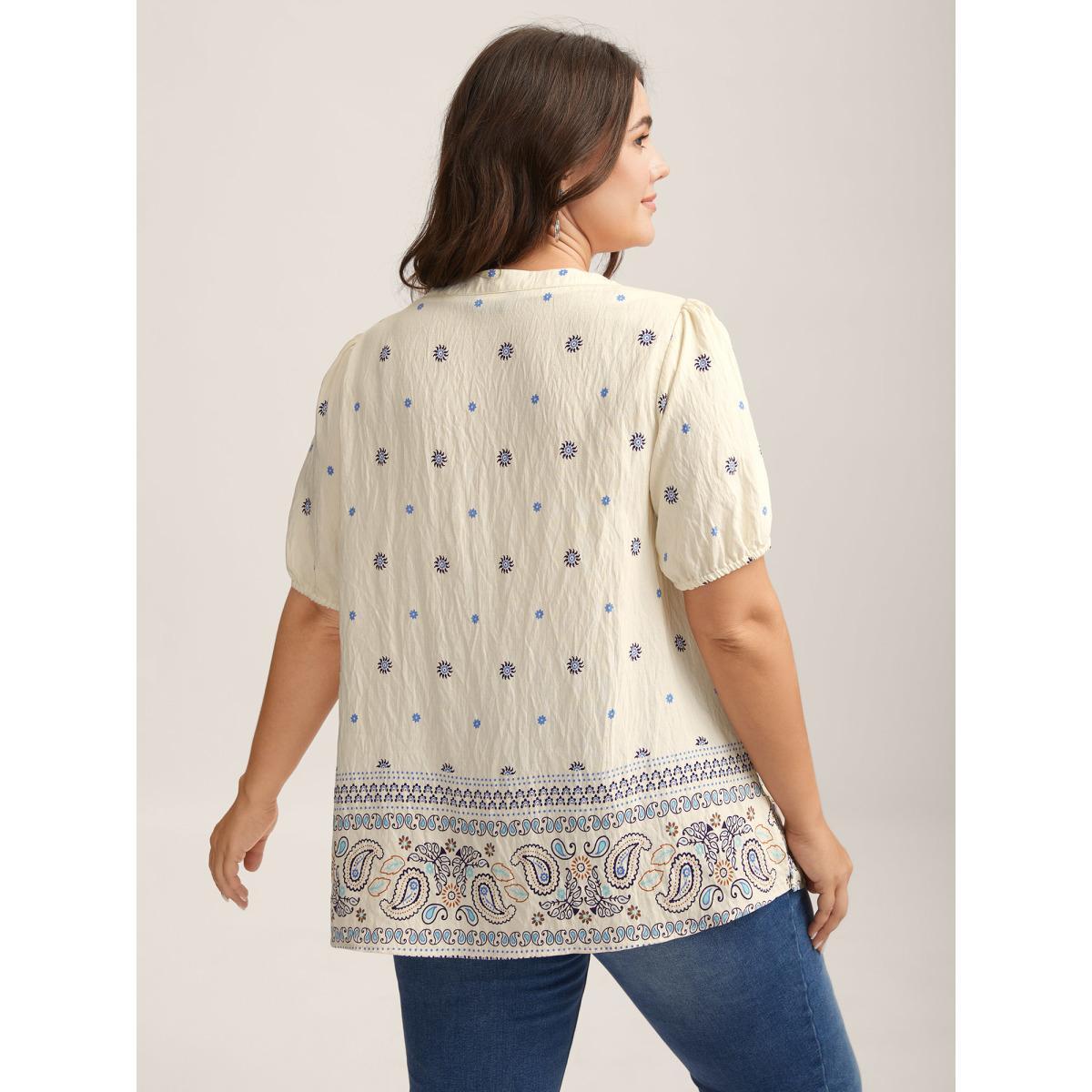Plus Size LightBlue Boho Print Notched Collar Blouse Women Short sleeve Flat collar with V-notch Vacation Blouses BloomChic 14-16/1X Product Image