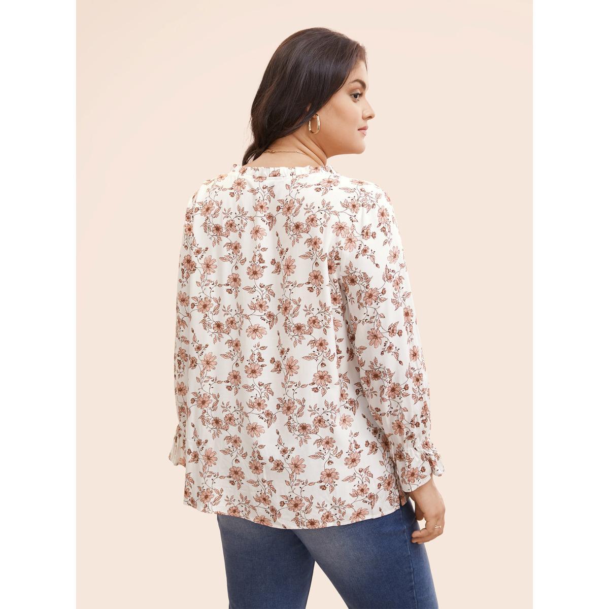 Plus Size Multicolor Floral Tie Knot Ruffle Trim Blouse Women Elegant Long Sleeve V-neck Everyday Blouses BloomChic 10/M Product Image