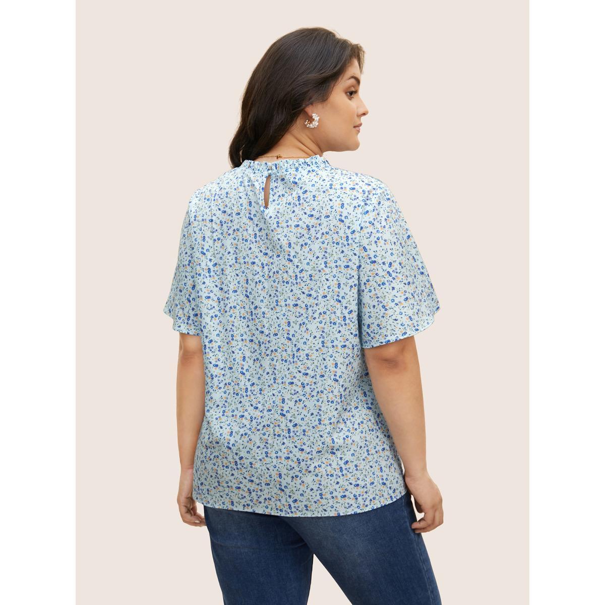 Plus Size Azure Ditsy Floral Plicated Detail Frill Trim Blouse Women Elegant Short sleeve Round Neck Everyday Blouses BloomChic 12/L Product Image