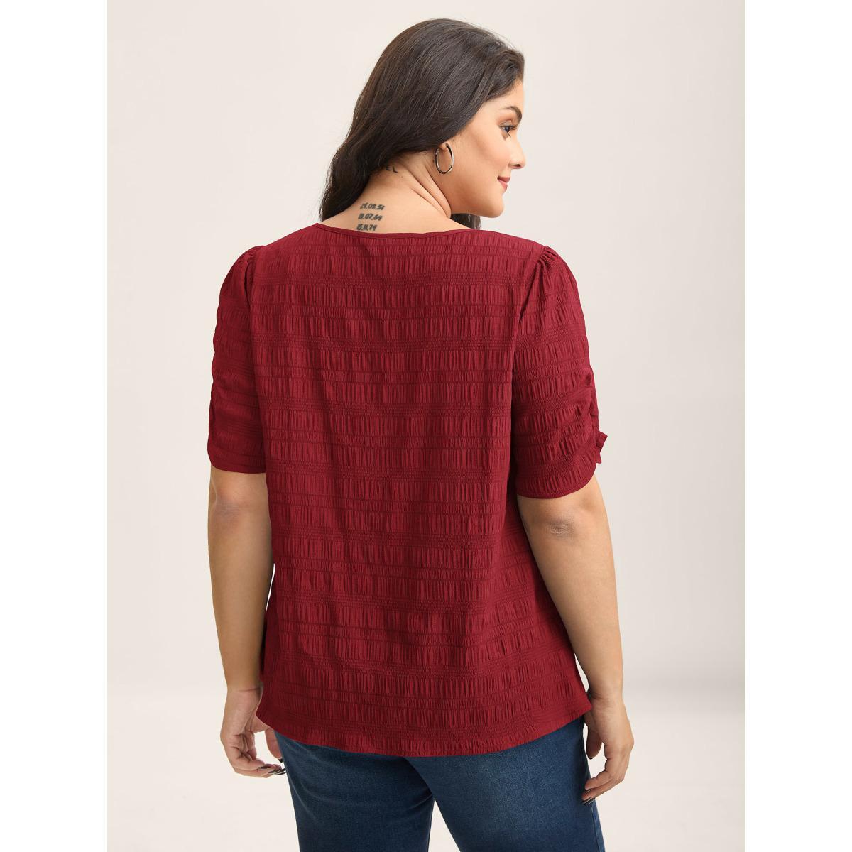 Plus Size DarkGreen Textured Gathered Sleeve Split Neck Blouse Women Short sleeve Asymmetrical Neck Work Blouses BloomChic 28/5X Product Image