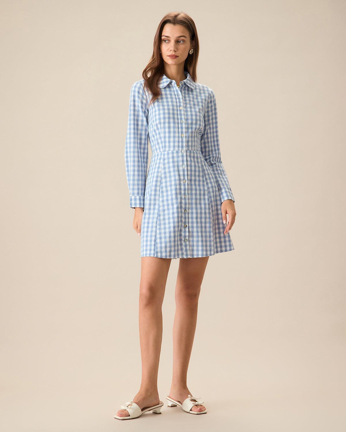 Women's Blue Plaid Long Sleeve Mini Dress Female Product Image
