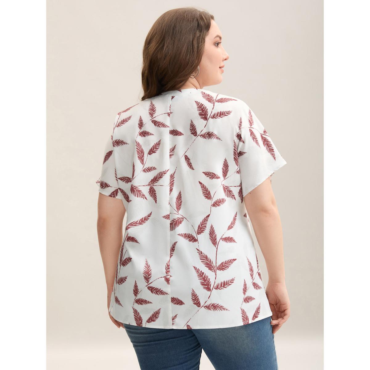Plus Size WhiteSmoke Leaf Print Notched Collar Blouse Women Casual Short sleeve Flat collar with V-notch Everyday Blouses BloomChic 12/L Product Image