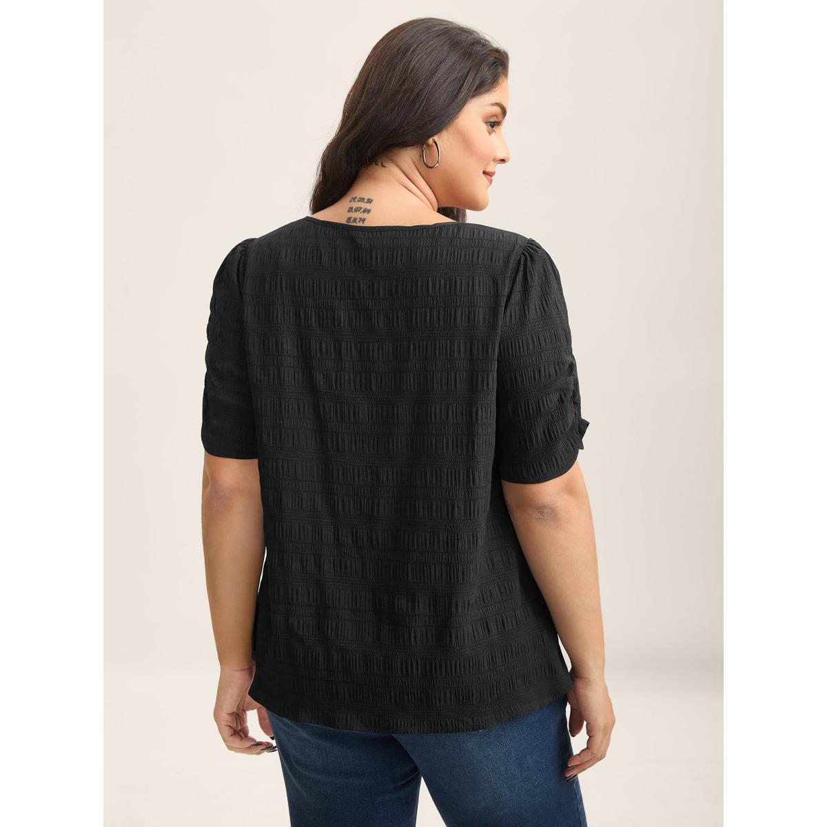 Plus Size DarkGreen Textured Gathered Sleeve Split Neck Blouse Women Short sleeve Asymmetrical Neck Work Blouses BloomChic 28/5X Product Image