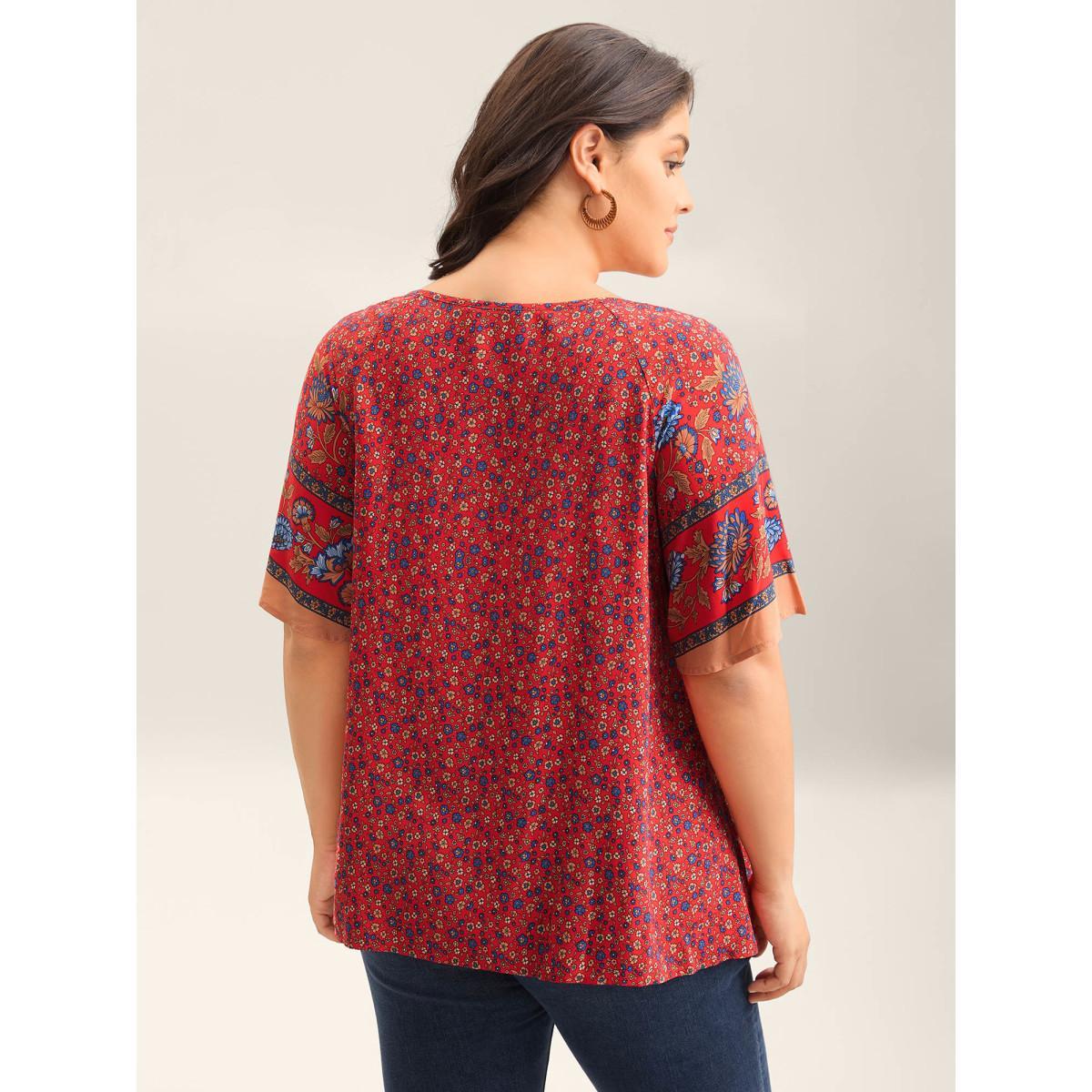Plus Size Raspberry Floral Print Neck Tie Half Sleeve Blouse Women Resort Short sleeve Notched collar Vacation Blouses BloomChic 18-20/2X Product Image