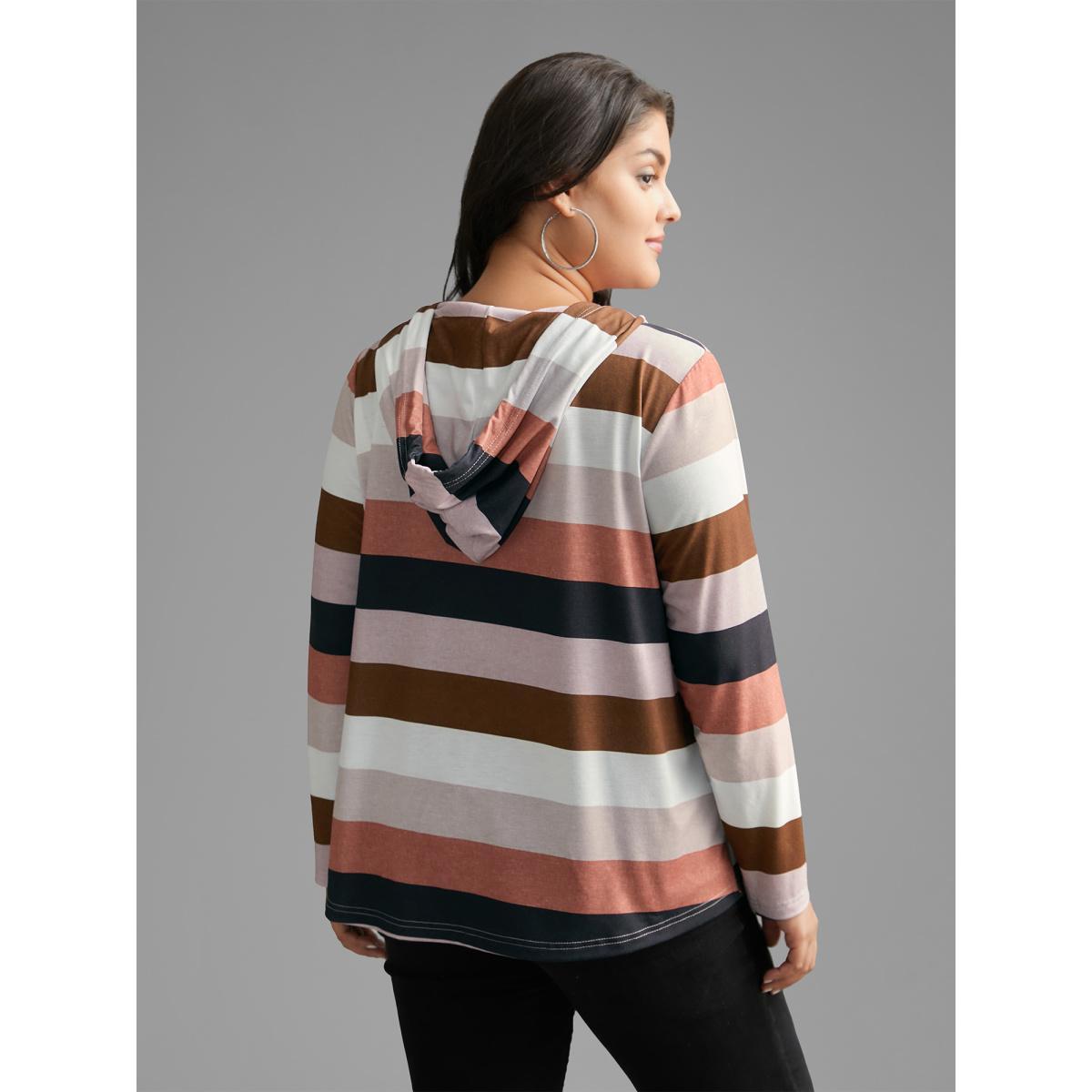 Plus Size Contrast Striped Hooded Drawstring T-shirt Brightorange Women Casual Drawstring Hooded Everyday T-shirts BloomChic 14-16/1X Product Image