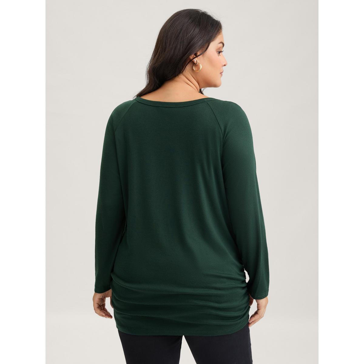 Plus Size Plain Gathered Button Detail T-shirt DarkGreen Women Casual Gathered Plain Round Neck Dailywear T-shirts BloomChic 10/M Product Image