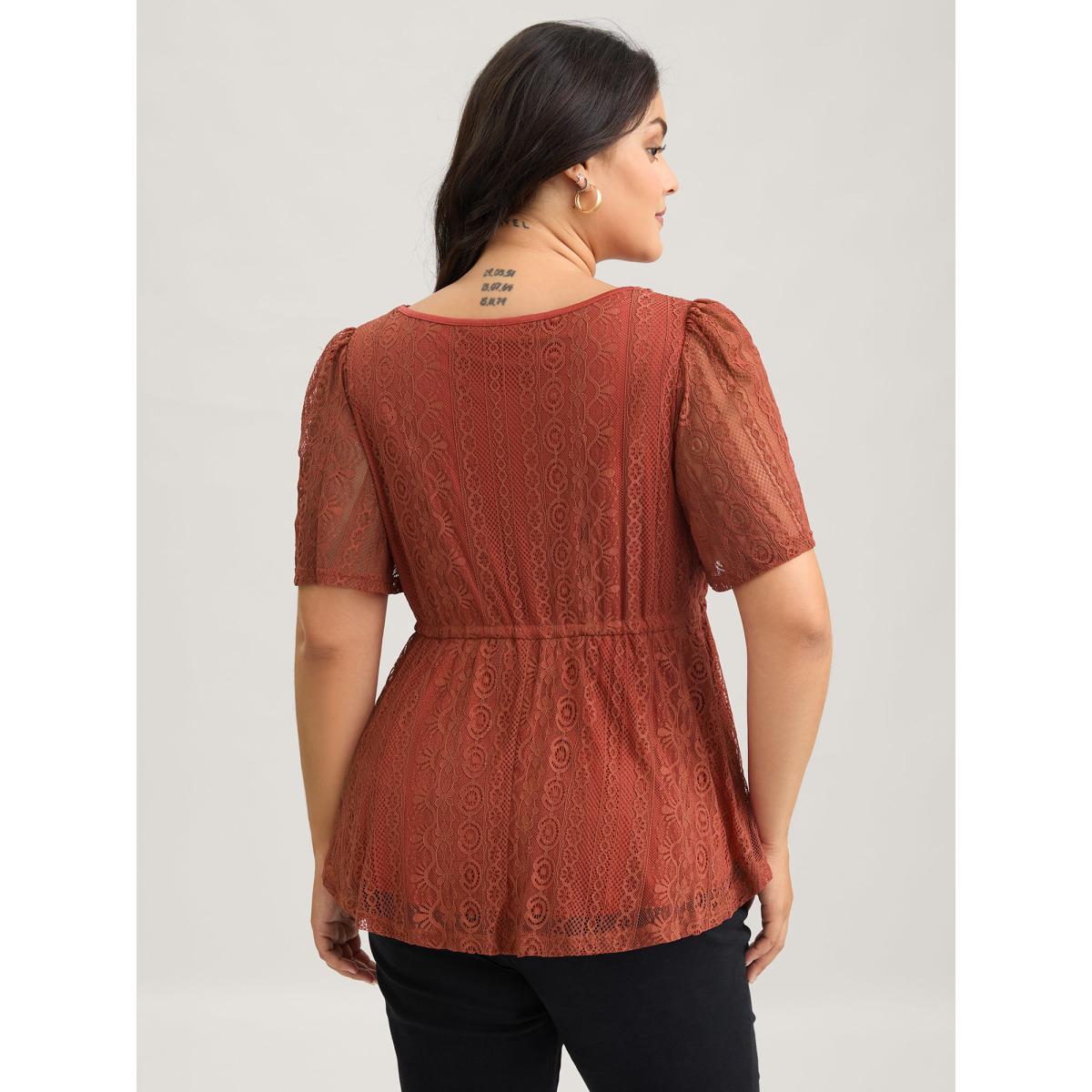 Plus Size Russet V Neck Lace Panel Drawstring Blouse Women Elegant Short sleeve V-neck Everyday Blouses BloomChic 30/6X Product Image