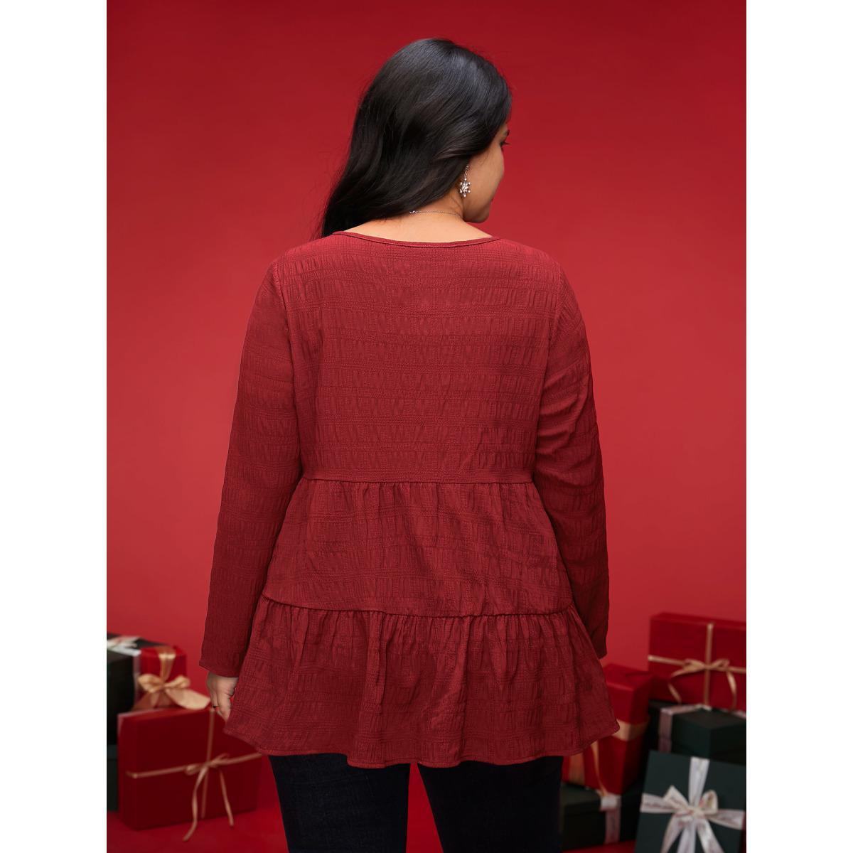 Plus Size Deepred Textured Round Neck Tiered Hem Blouse Women Casual Long Sleeve Round Neck Everyday Blouses BloomChic 30/6X Product Image