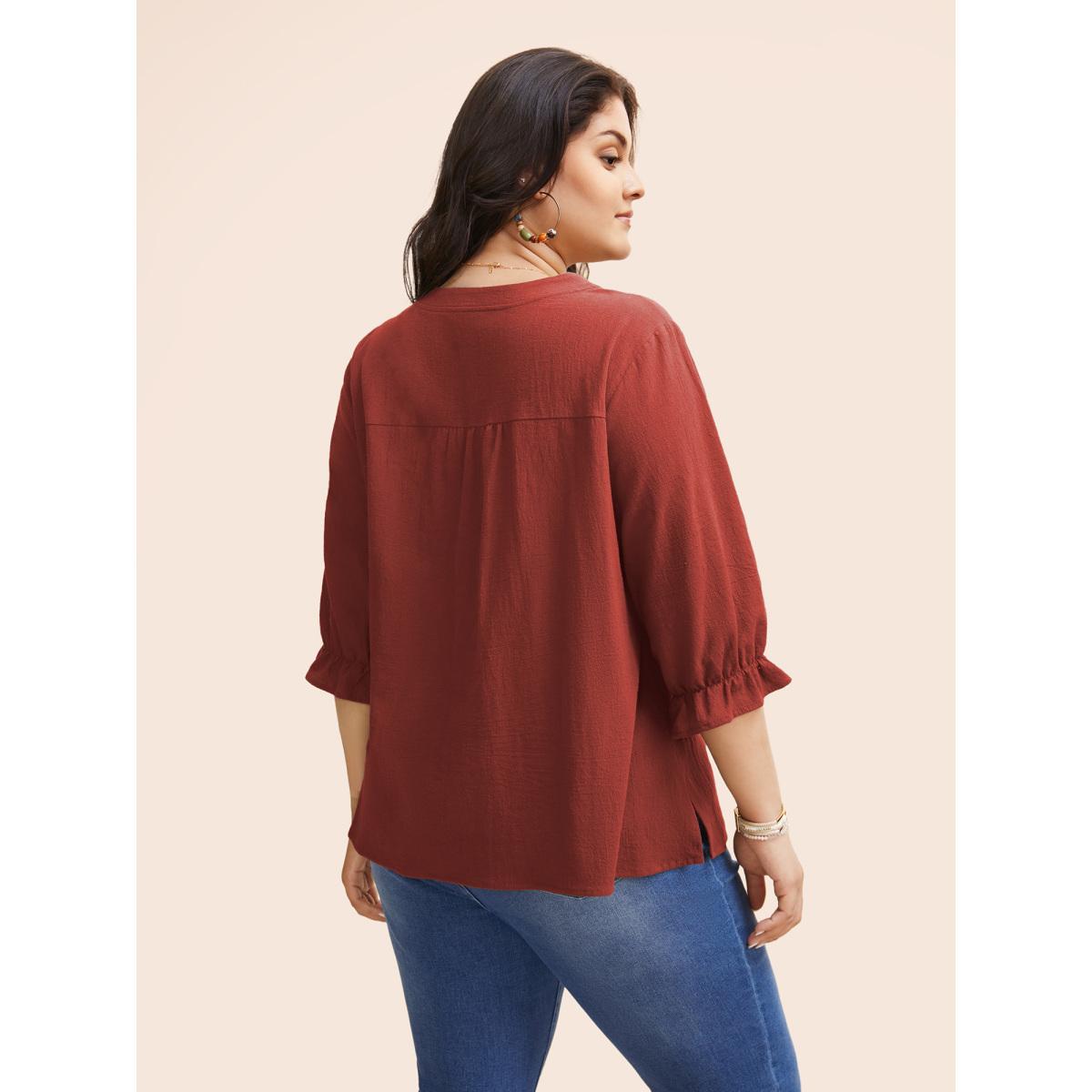 Plus Size Russet Broderie Anglaise Tie Knot Lantern Sleeve Blouse Women Resort Elbow-length sleeve Notched collar Vacation Blouses BloomChic 14-16/1X Product Image