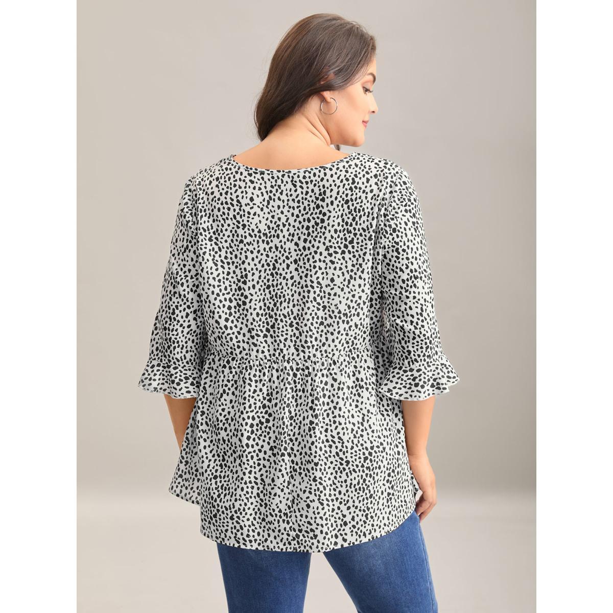 Plus Size WhiteSmoke Leopard Print Ruffled Detail V-Neck Blouse Women Casual Elbow-length sleeve V-neck Everyday Blouses BloomChic 22-24/3X Product Image
