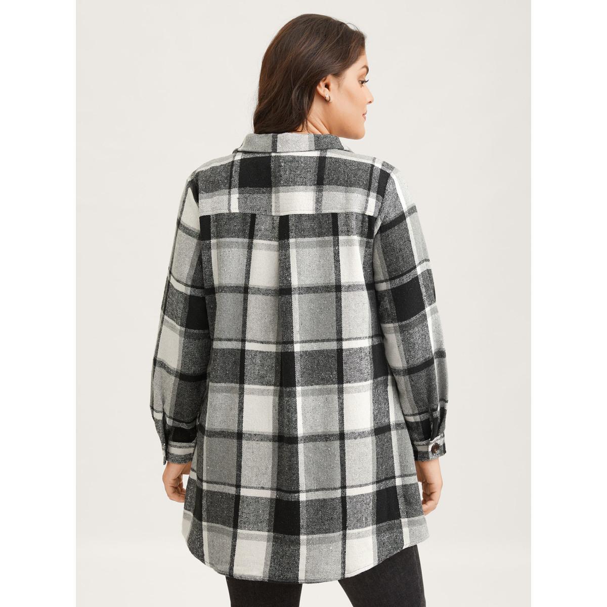 Plus Size Plaid Chest Pockets Long Jacket Women Black Button Loose Side seam pocket Everyday Jackets BloomChic 26/4X Product Image
