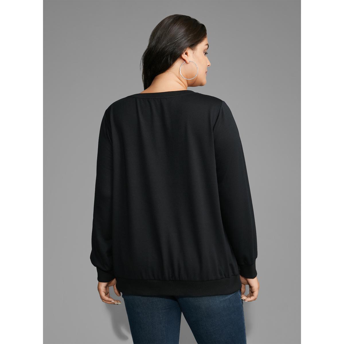 Plus Size Crew Neck Rhinestone Slightly Stretchy Sweatshirt Women Black Casual Rhinestone detailing Round Neck Everyday Sweatshirts BloomChic 22-24/3X Product Image
