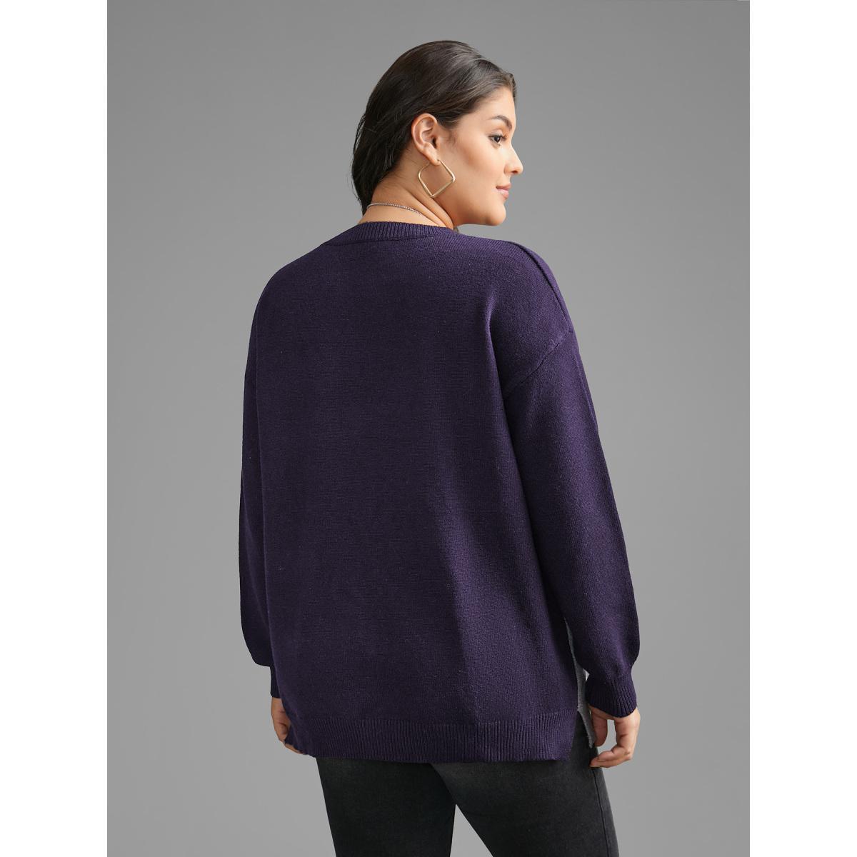 Plus Size Cat Contrast Drop Shoulder Pullover Indigo Women Casual Loose Long Sleeve Round Neck Everyday Pullovers BloomChic 14-16/1X Product Image