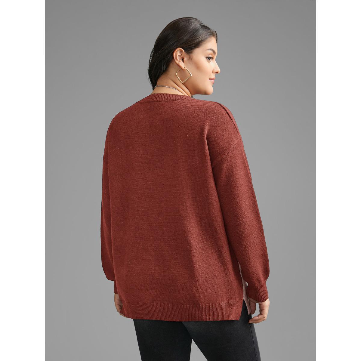 Plus Size Cat Contrast Drop Shoulder Pullover Rust Women Casual Loose Long Sleeve Round Neck Everyday Pullovers BloomChic 18-20/2X Product Image