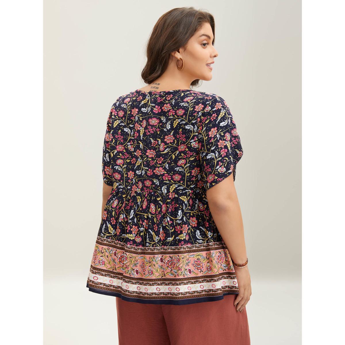 Plus Size Midnight Sweet Floral Print Petal Sleeve Shirt Women Resort Short sleeve Flat collar with V-notch Vacation Blouses BloomChic 10/M Product Image