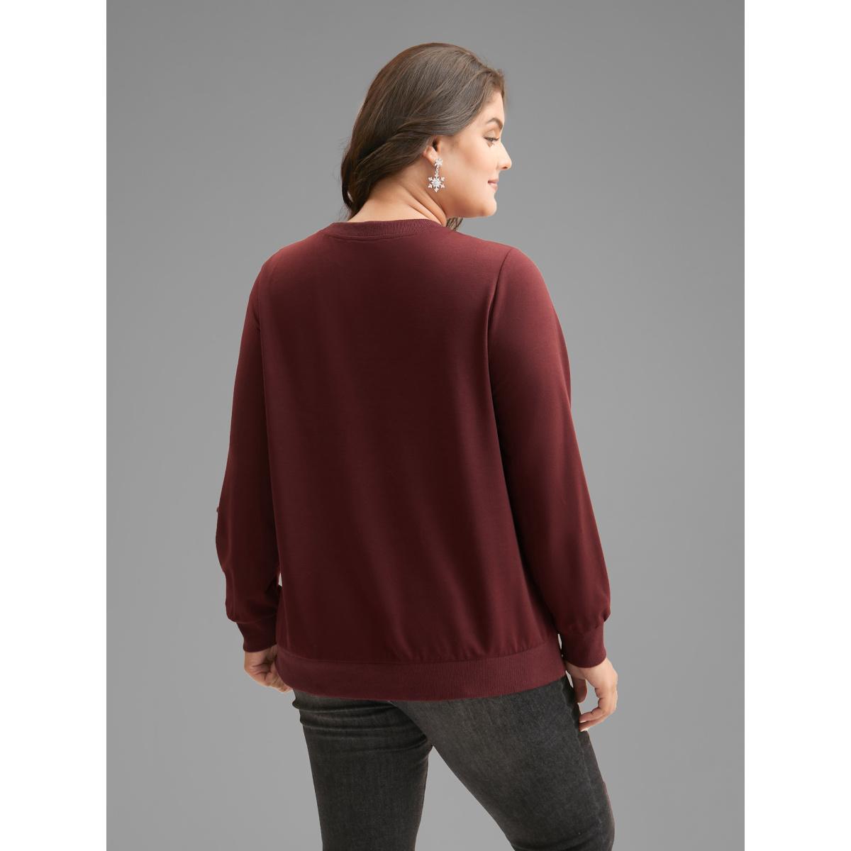 Plus Size Rhinestone Embellished Bow Straight-Fit Sweatshirt Women Deepred Casual Rhinestone detailing Round Neck Everyday Sweatshirts BloomChic 22-24/3X Product Image