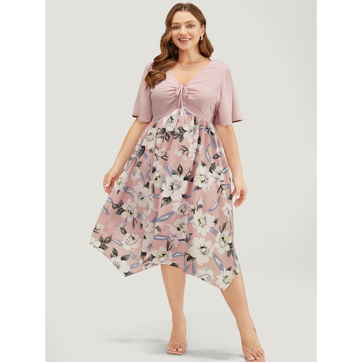 Plus Size Floral Hanky Hem Ruffle Pocket Ruched Drawstring Dress Pink Women Elegant Lined V-neck Short sleeve Curvy Midi Dress BloomChic 14-16/1X Product Image
