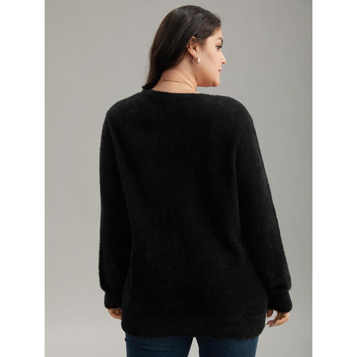 Plus Size Floral Embroidered Fuzzy Open Front Cardigan Black Women Casual Loose Long Sleeve Everyday Cardigans BloomChic 18-20/2X Product Image