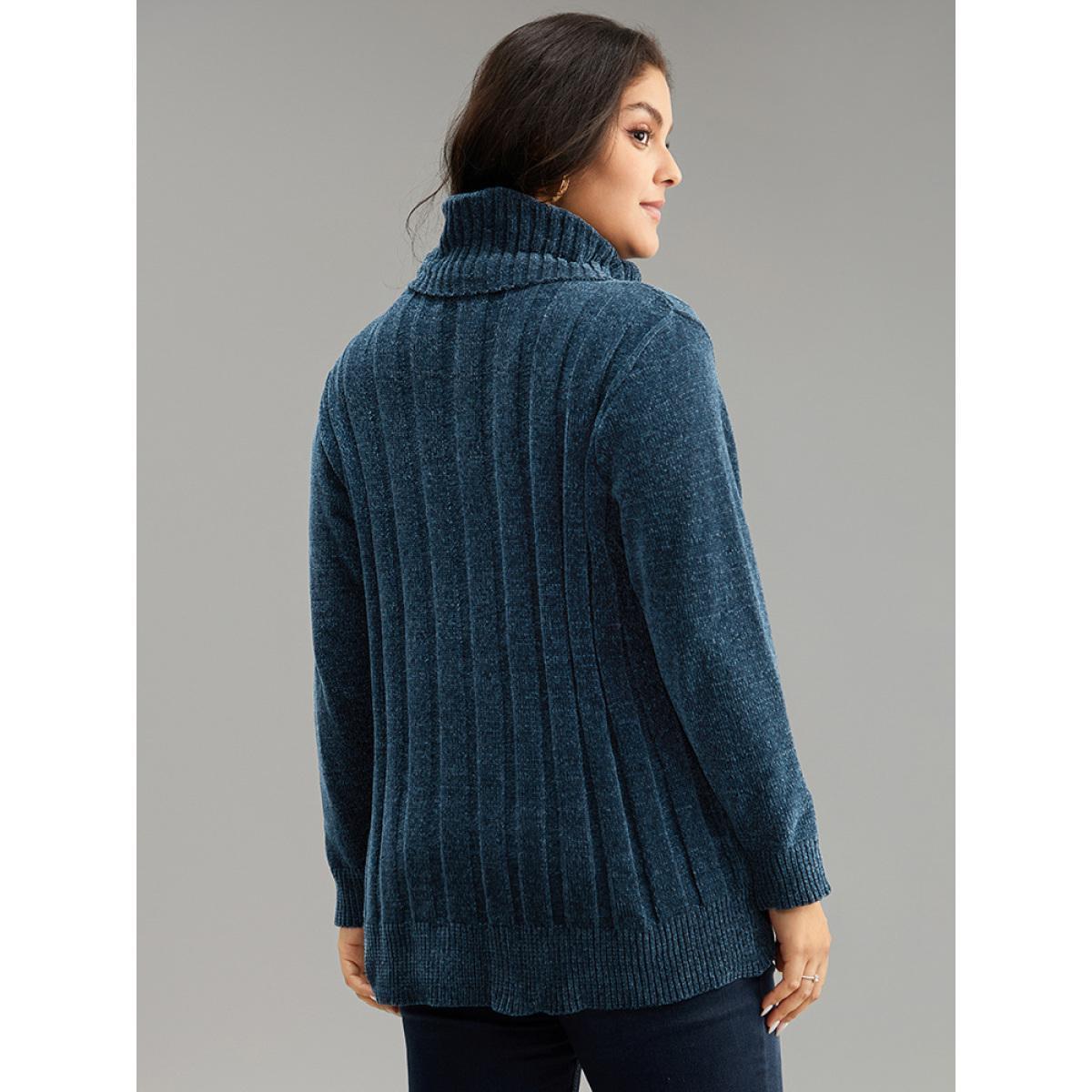 Plus Size Turtle Neck Plain Rib Knit Pullover Cyan Women Casual Long Sleeve Lapel Collar Dailywear Pullovers BloomChic 12/L Product Image