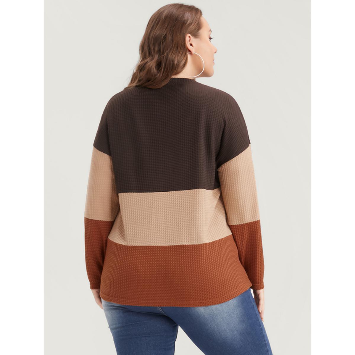 Plus Size Colorblock Contrast V Neck Waffle Knit Long Tee Bronze Women Casual Contrast Plain V-neck Dailywear T-shirts BloomChic 26/4X Product Image