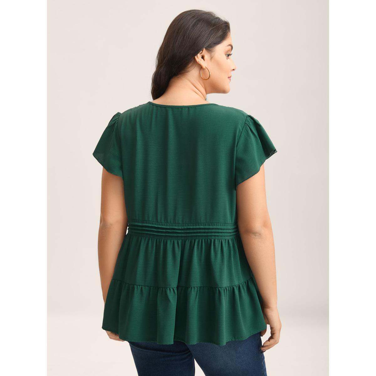 Plus Size DarkGreen Textured Lace Tiered Solid Blouse Women Cap Sleeve V-neck Everyday-Elegant Blouses BloomChic 10/M Product Image