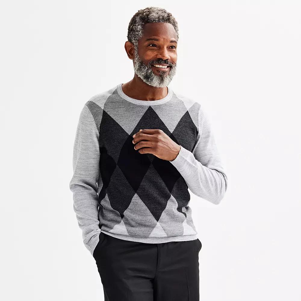 Men's Apt. 9® Merino Pattern Crewneck Sweater, Size: Large, Gray Argyle Product Image