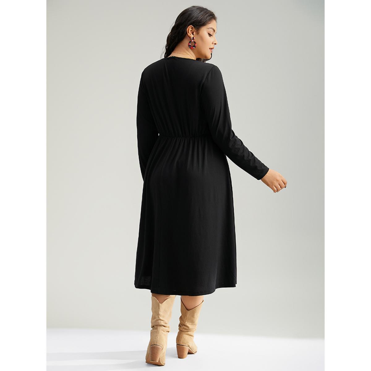 Plus Size Christmas Plaid Patchwork Button Detail Dress Scarlet Women Elegant Printed Round Neck Long Sleeve Curvy Midi Dress BloomChic 26/4X Product Image