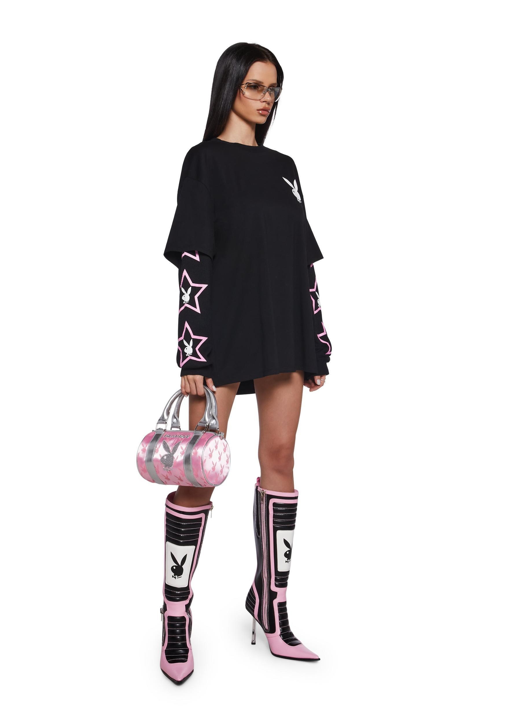 Dolls Kill x Playboy Logo Bunnies Playmate Have More Fun Graphic Long Sleeve Top - Black Product Image