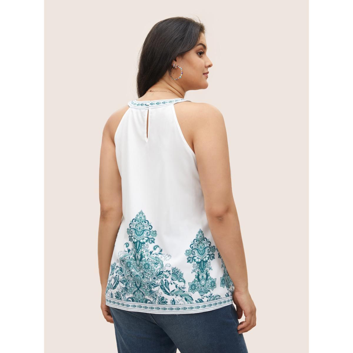 Plus Size Boho Print Round Neck Cut Out Tank Top Women White Resort Button Round Neck Vacation Tank Tops Camis BloomChic 18-20/2X Product Image