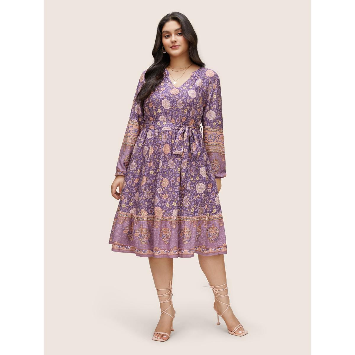 Plus Size Boho Print Belted Notched Lantern Sleeve Dress Mauve Women Resort Non Notched collar Long Sleeve Curvy Midi Dress BloomChic 14-16/1X Product Image