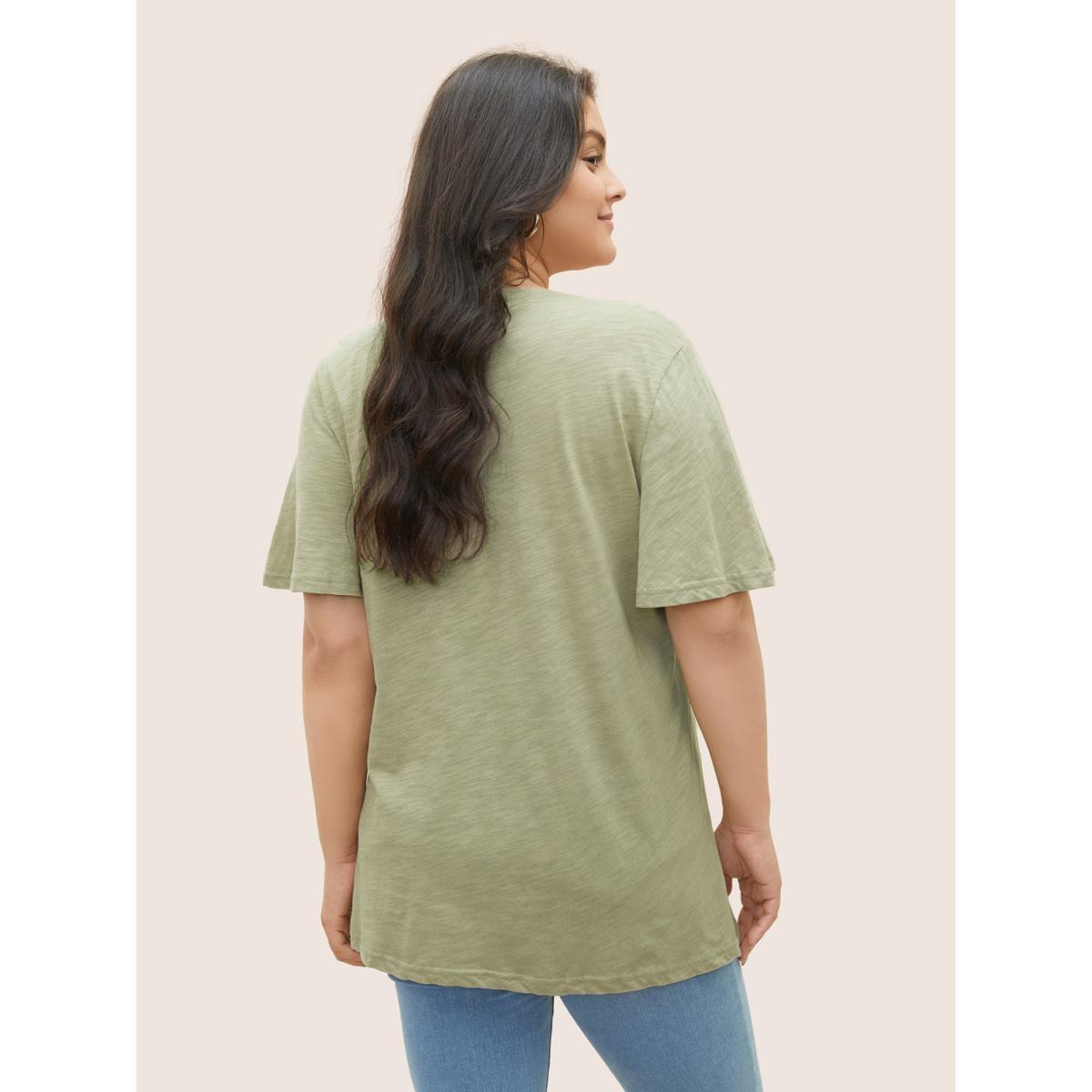 Plus Size Plain Ruffle Sleeve Heather V Neck T-shirt Sage Women Casual Plain V-neck Everyday T-shirts BloomChic 22-24/3X Product Image