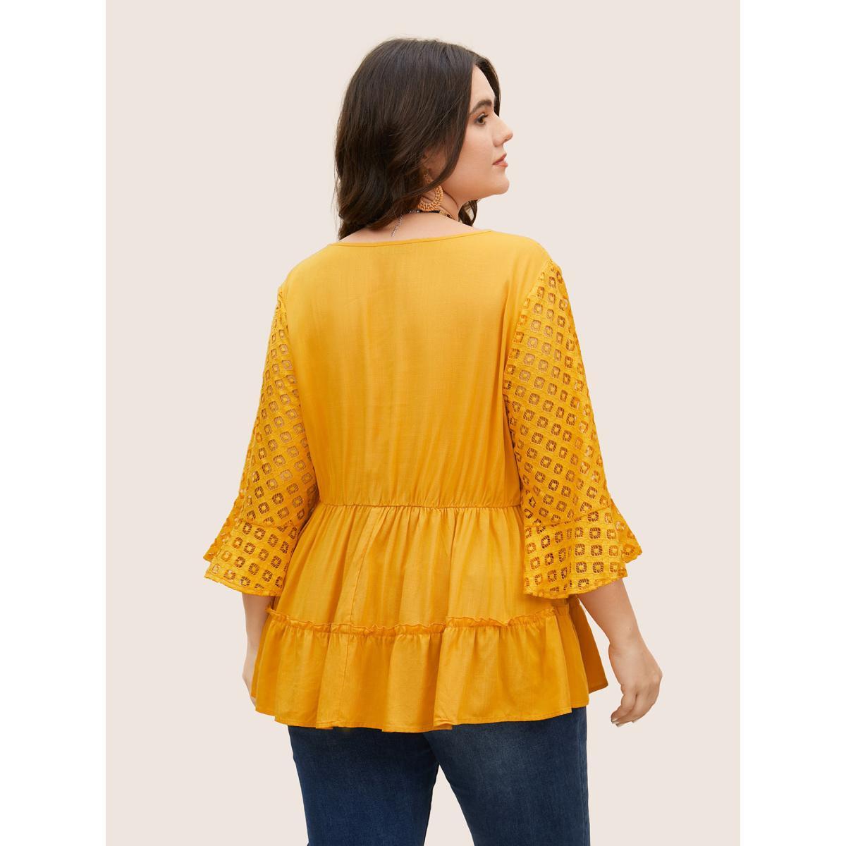 Plus Size Turmeric Solid Patchwork Ruffles Raglan Sleeve Blouse Women Resort Elbow-length sleeve V-neck Vacation Blouses BloomChic 12/L Product Image