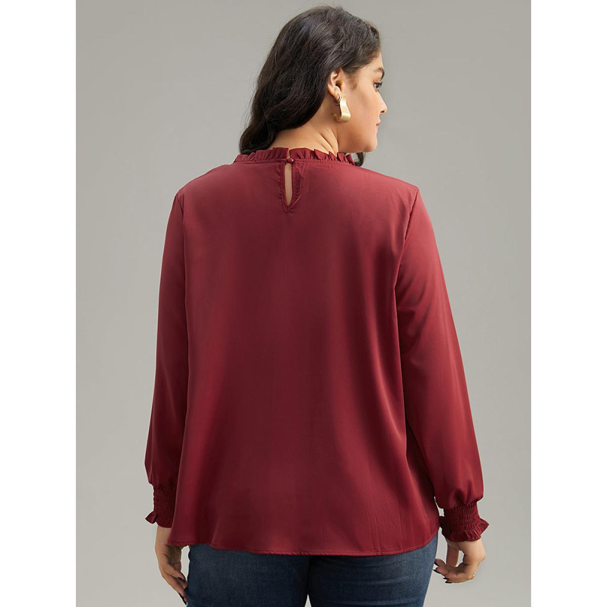 Plus Size Scarlet Static-Free Solid Shirred Frill Trim Blouse Women Office Long Sleeve Round Neck Work Blouses BloomChic 12/L Product Image