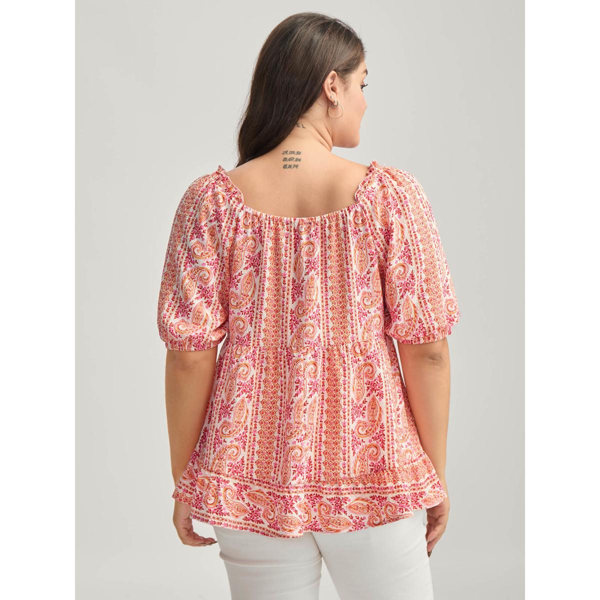Plus Size WhiteSmoke Stripe Paisley Print Ruffled Neck Blouse Women Short sleeve Square Neck Everyday-Elegant Blouses BloomChic 22-24/3X Product Image