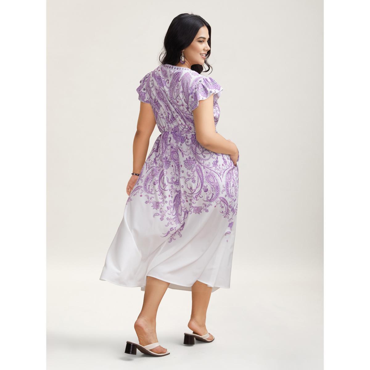 Plus Size Paisley Print Notched Collar Ruffled Midi Dress Mauve Women Resort Ruffles Flat collar with V-notch Short sleeve Curvy BloomChic 22-24/3X Product Image