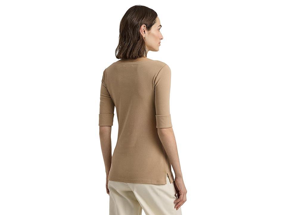 Lauren Ralph Lauren Petite Stretch Cotton Boatneck Tee (Birch Tan) Women's Clothing Product Image