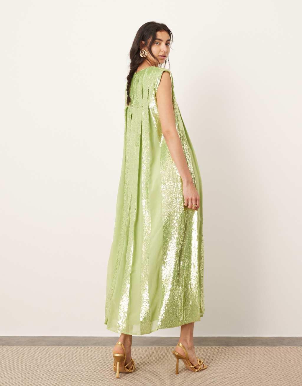 ASOS EDITION embellished allover sequin pleat maxi dress in green Product Image