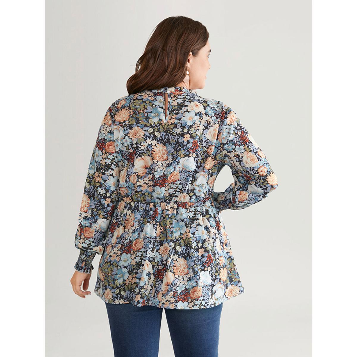 Plus Size Stone Floral Shirred Frill Trim Stand Collar Blouse Women Elegant Long Sleeve Stand-up collar Dailywear Blouses BloomChic 22-24/3X Product Image