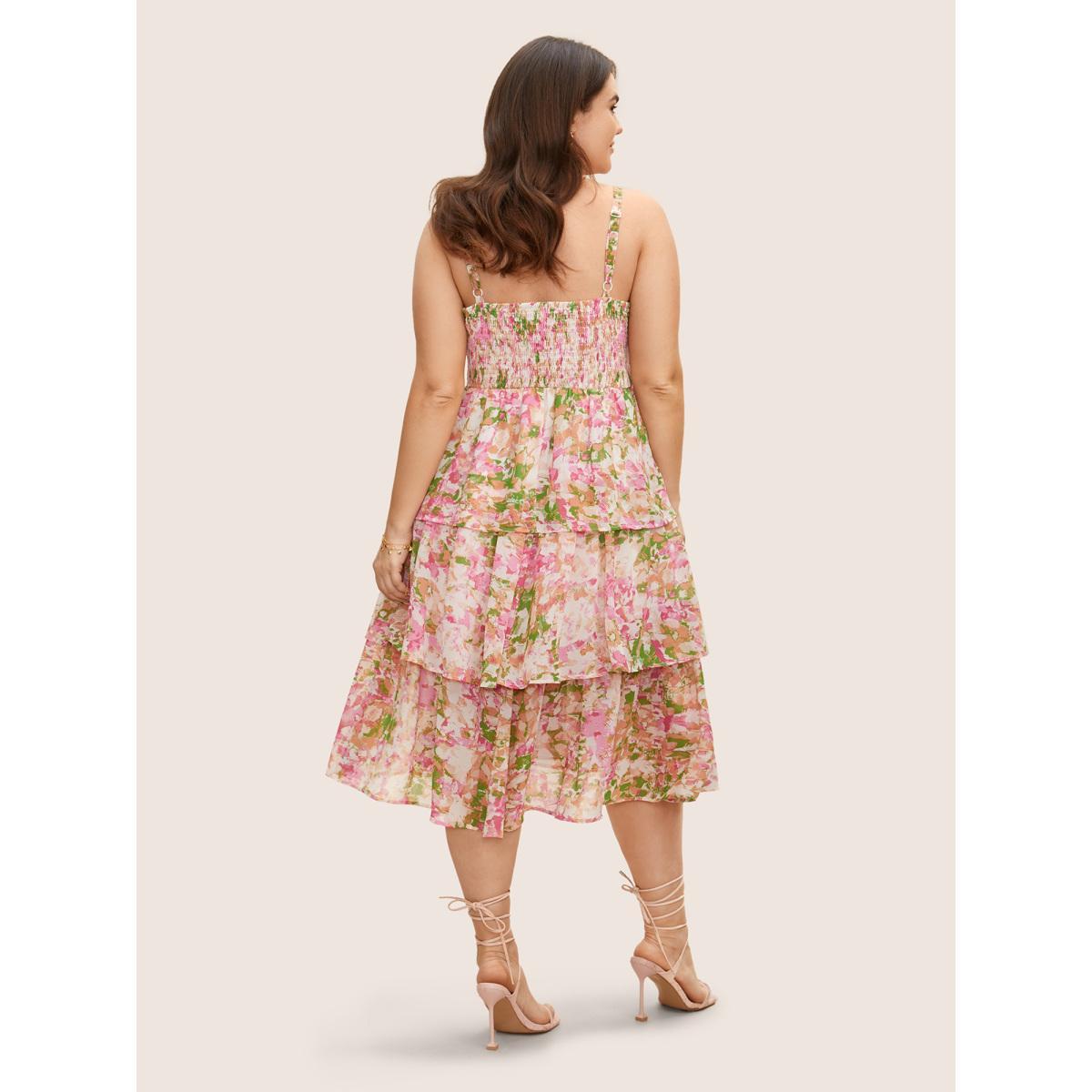 Plus Size Chiffon Floral Shirred Ruffle Layered Hem Dress Multicolor Women Elegant Shirred Non Sleeveless Curvy BloomChic 26/4X Product Image
