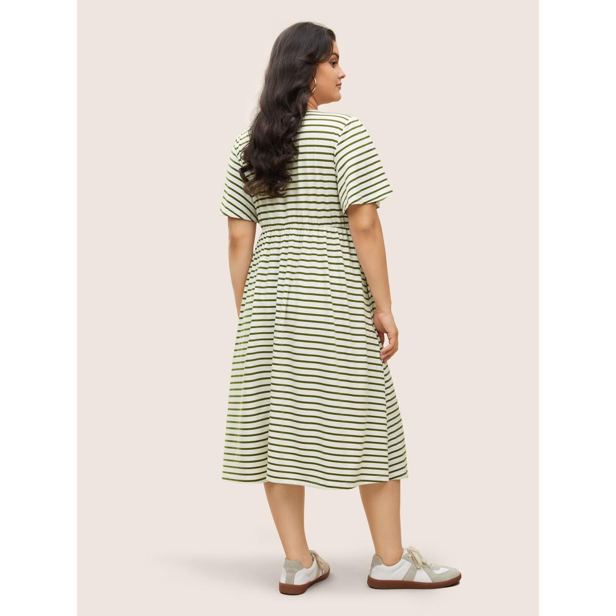 Plus Size Stripes Round Neck Split Side Pocket Dress Moss Women Casual Slit Round Neck Short sleeve Curvy Midi Dress BloomChic 28/5X Product Image