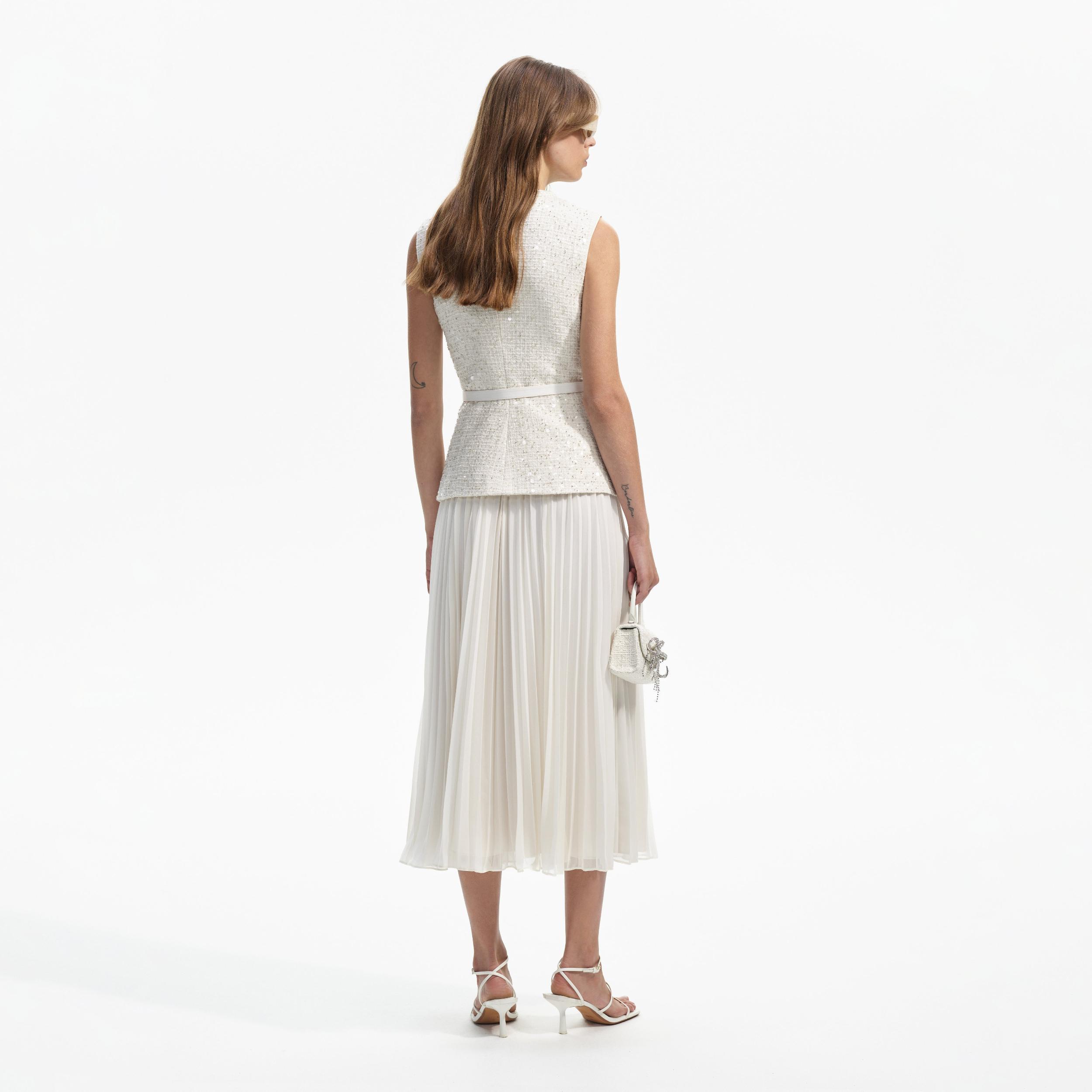 Cream Sequin Boucle Tailored Midi Dress Product Image