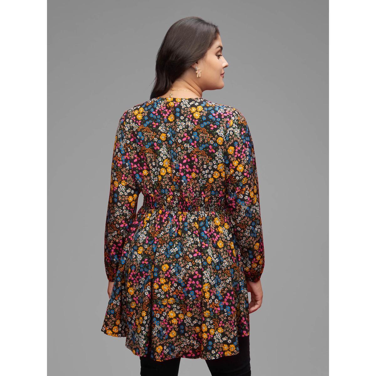 Plus Size Black Floral Smocked Waistline Surplice Neck Blouse Women Elegant Long Sleeve Overlap Collar Everyday Blouses BloomChic 10/M Product Image